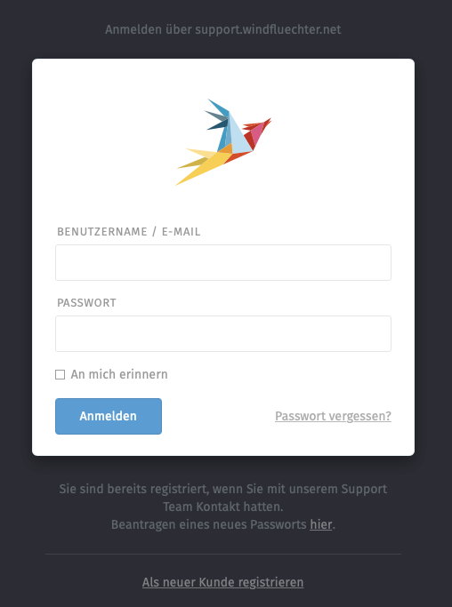 Screenshot von Zammad Login Screen auf https://support.windfluechter.net