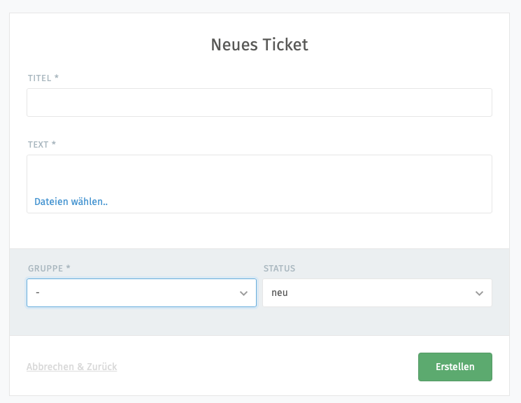 Screenshot vom Eingabeformular fuer ein neues Ticket bei Zammad